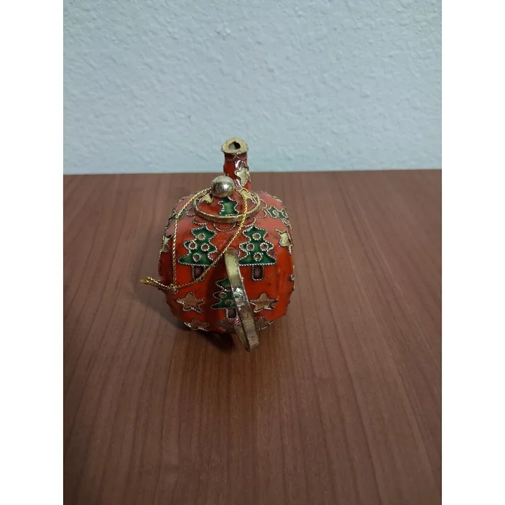 VTG Cloisonne Christmas Ornament Tea Pot Red